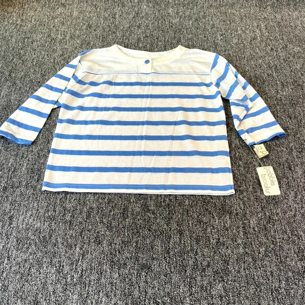 Bobbie Brooks Shirt Top Women Large White Blue Striped Knitted 3/4 Sleeve Casual